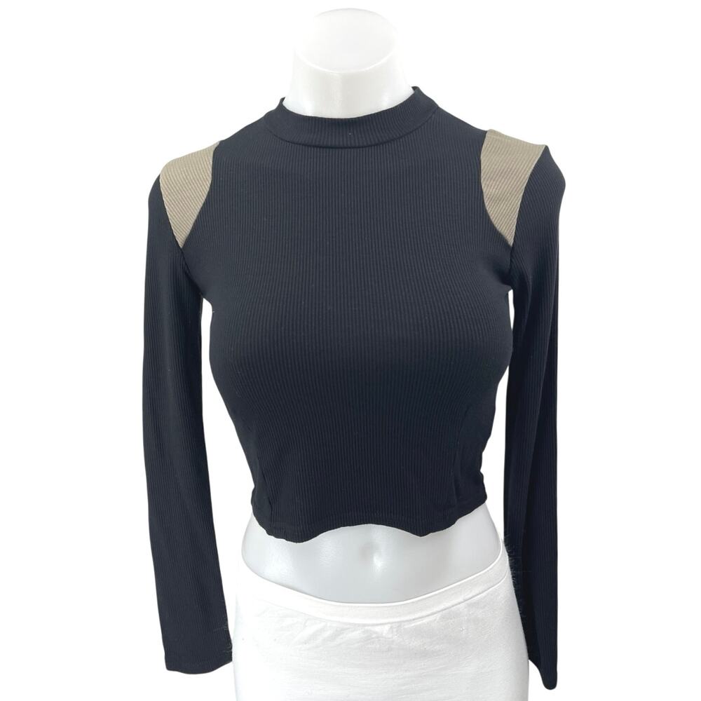 Commence Women's Black Rib Knit High Neck Long Sleeve Crop Shirt Sweater Top S